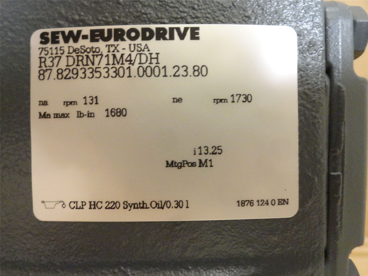 SEW R37DRN71M4/DH; AC Gear Motor 13.25:1 Ratio 1/2HP 230/460V