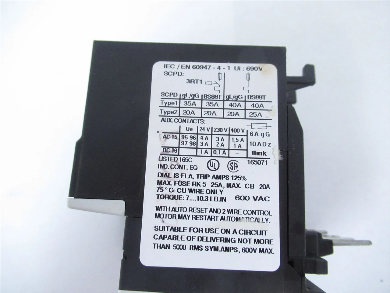 Siemens 3RU1116-1G80; Overload Relay 4.5-6.3A 600VAC