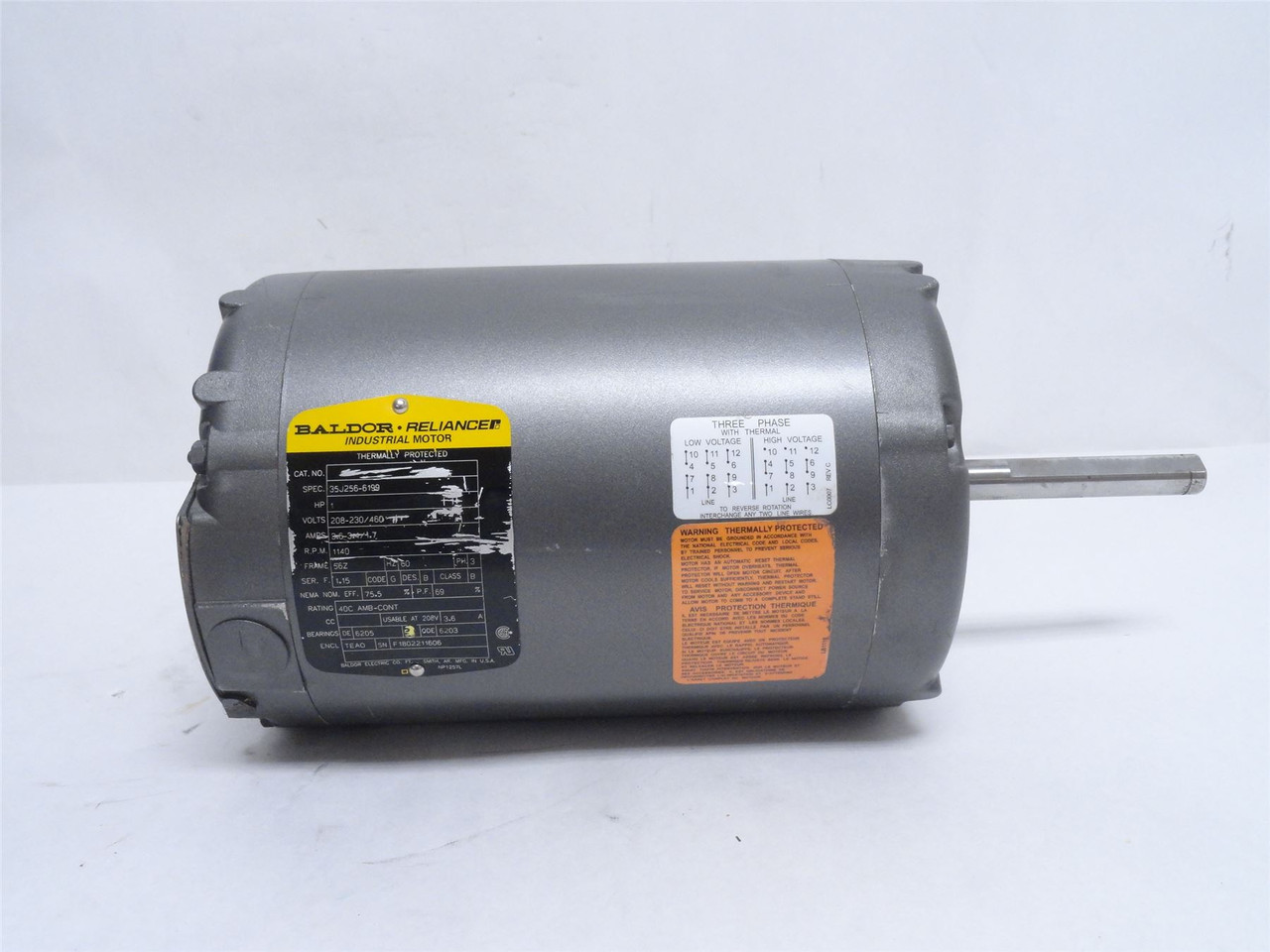 Baldor 35J256-6199; AC Motor 1HP 208-230/460V 1140RPM 3PH