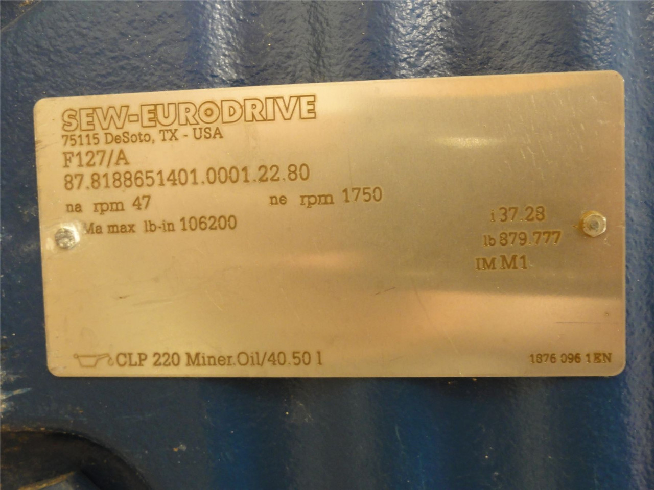 SEW F127/A; Parallel-Shaft Helical Gearbox; 37.28:1 Ratio