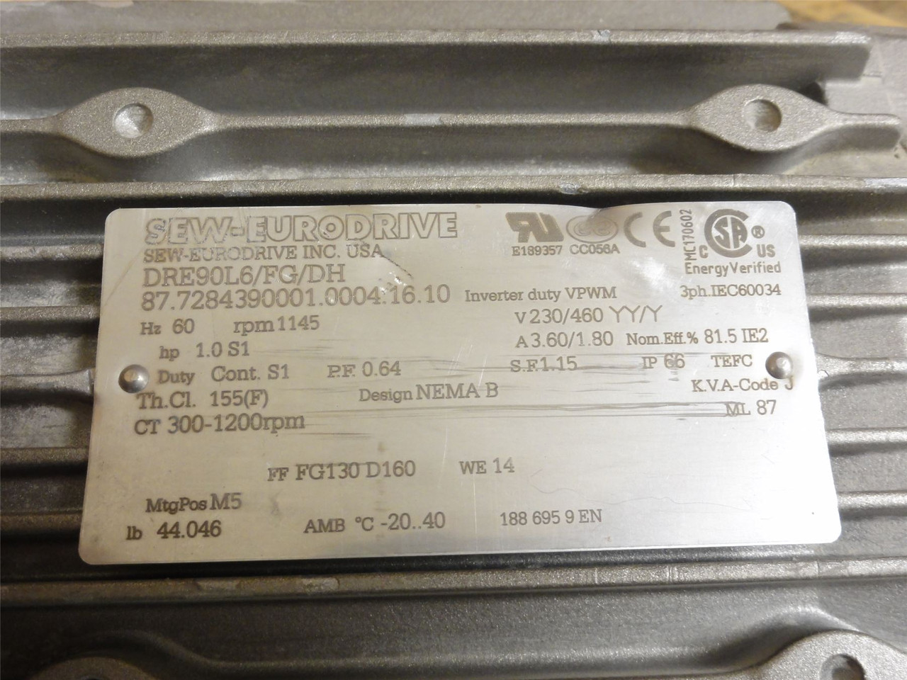 SEW DRE90L6/FG/DH; AC Motor; 1HP; 230/460V; 1145RPM; 3PH; 60HZ
