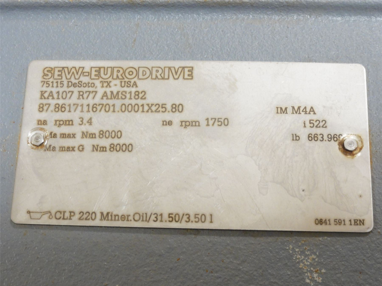 SEW KA107R77AMS182; Inline Gear Speed Reducer; 522:1 Ratio