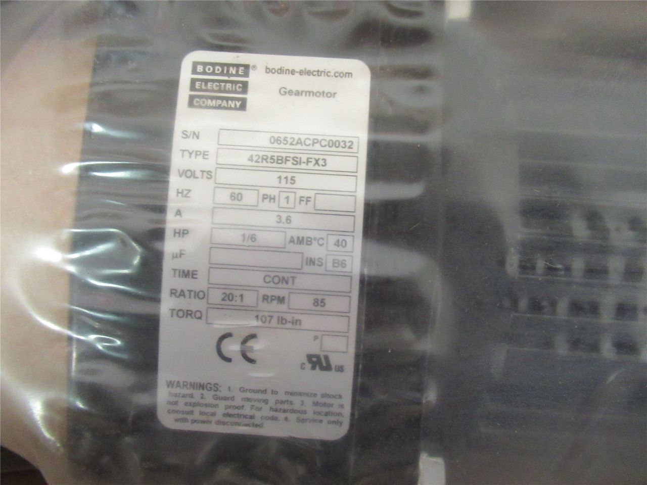 Bodine 0652AC; GEARMTR;AC;20TO1;1/6HP;PARALLEL;SHAFT;8