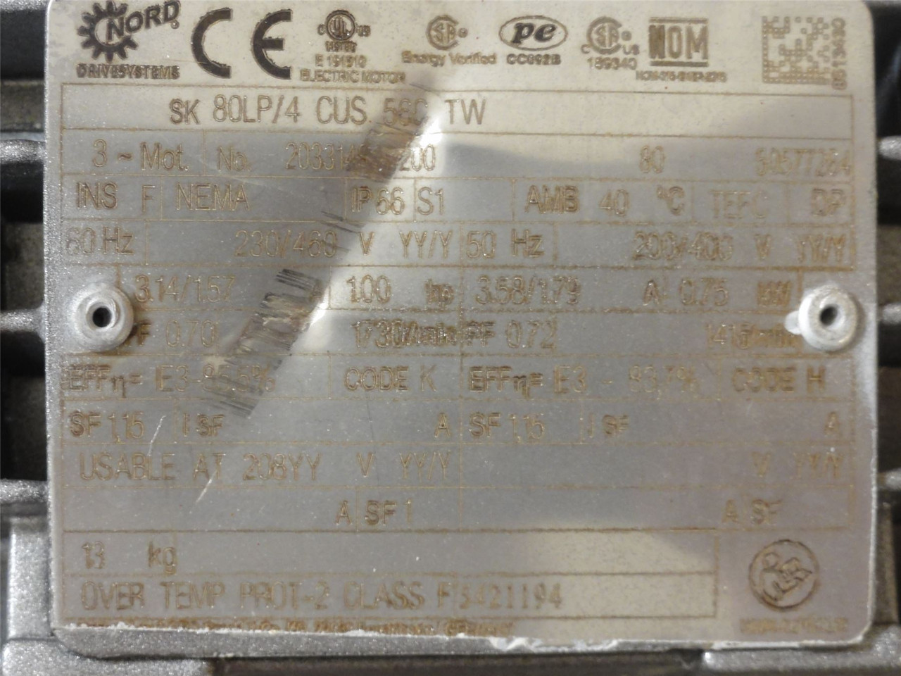 Nord SK93172.1AFB N56C-80LP/4; Gearmotor; 63.78:1 Ratio; 1HP