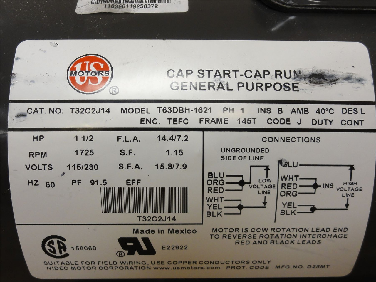 US Motors T32C2J14; AC Motor T63DBH-1621; 1-1/2HP 115/230V
