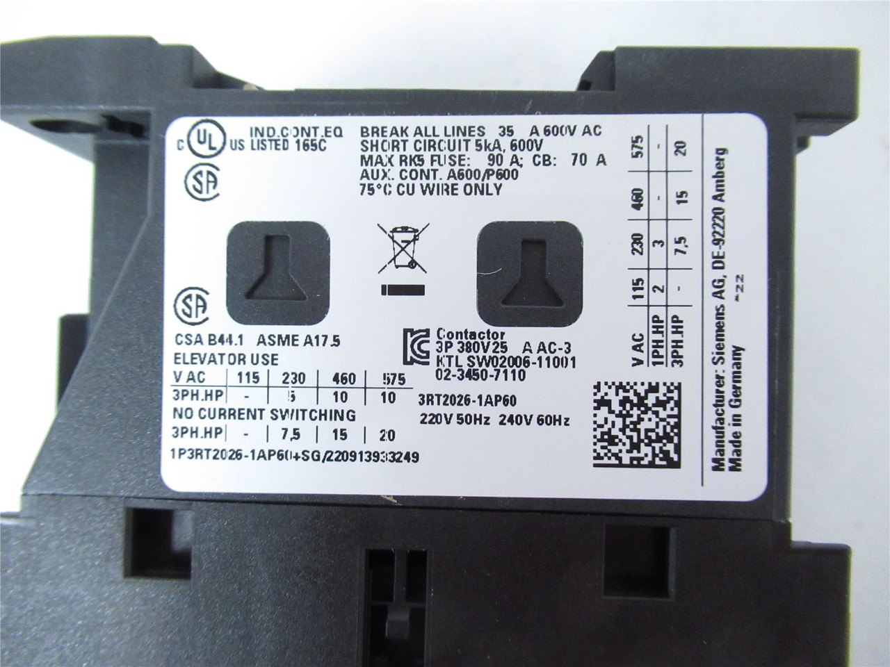 Siemens 3RT2026-1AP60; Contactor 25A 3-Pole Coil 220vac