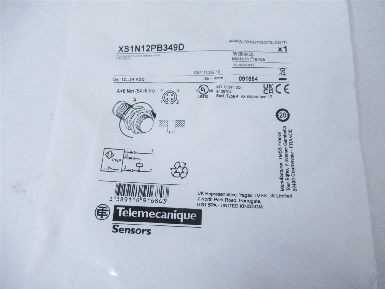 Telemecanique XS1N12PB349D; Proximity Sensor 4mm 12...24 VDC