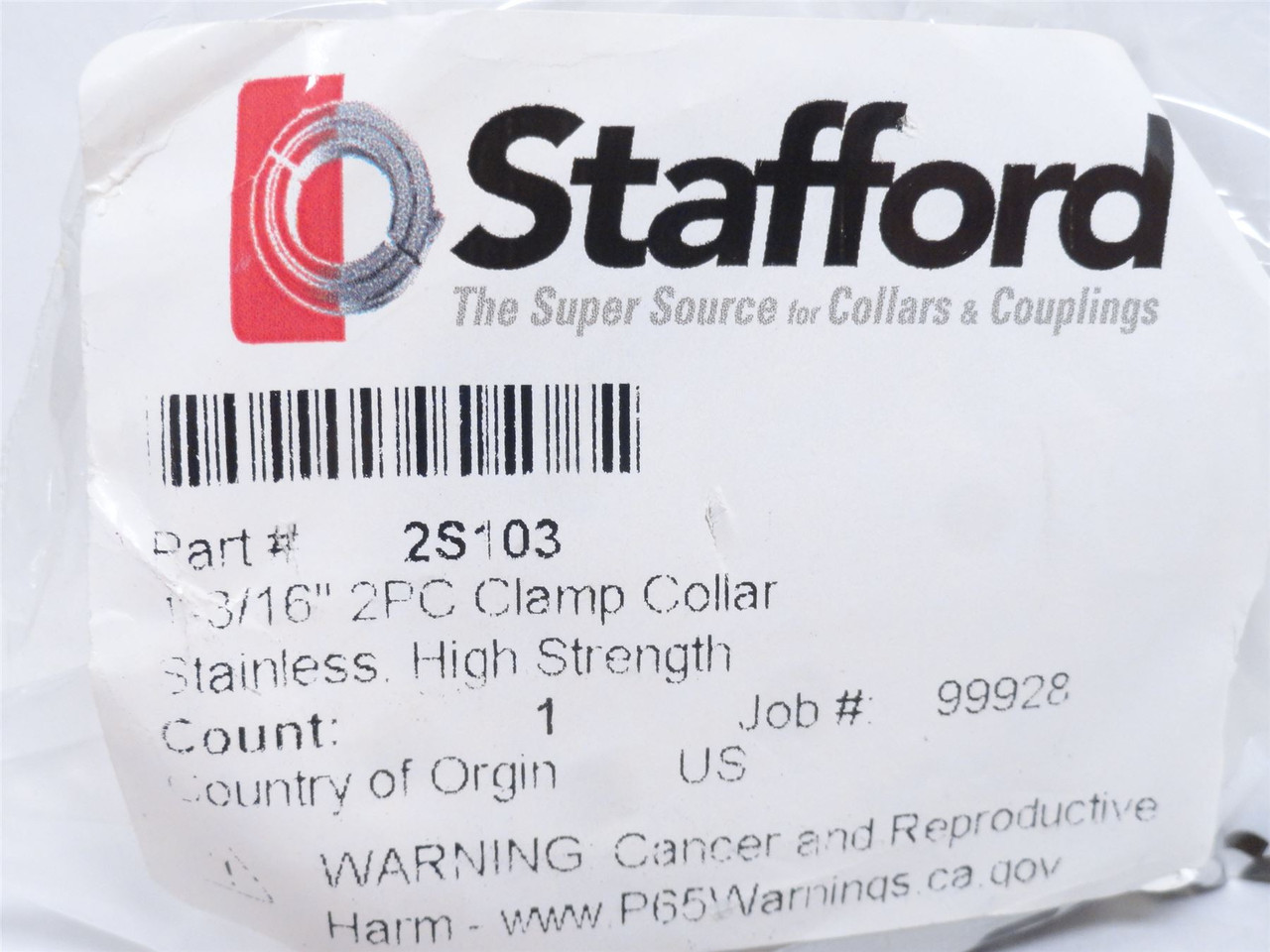 Stafford 2S103; Clamp Collar; SS; Two-Piece; Size: 1-3/16"