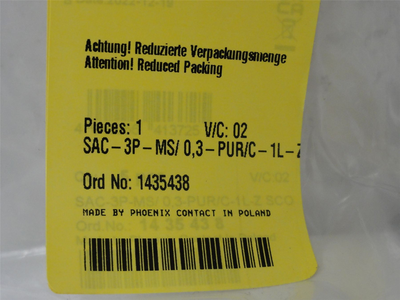 Phoenix Contact 1435438; Connector; SAC-3P-MS/ 0;3-PUR/C-1L-Z