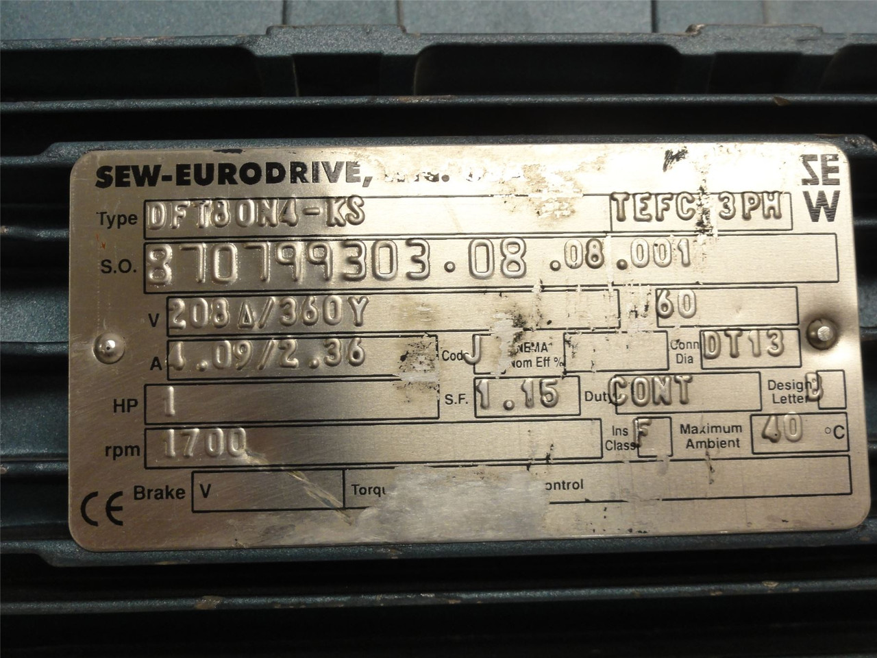 SEW DFT80N4-KS; Stator 370799303.08.08.001; 1HP; 208/360VAC
