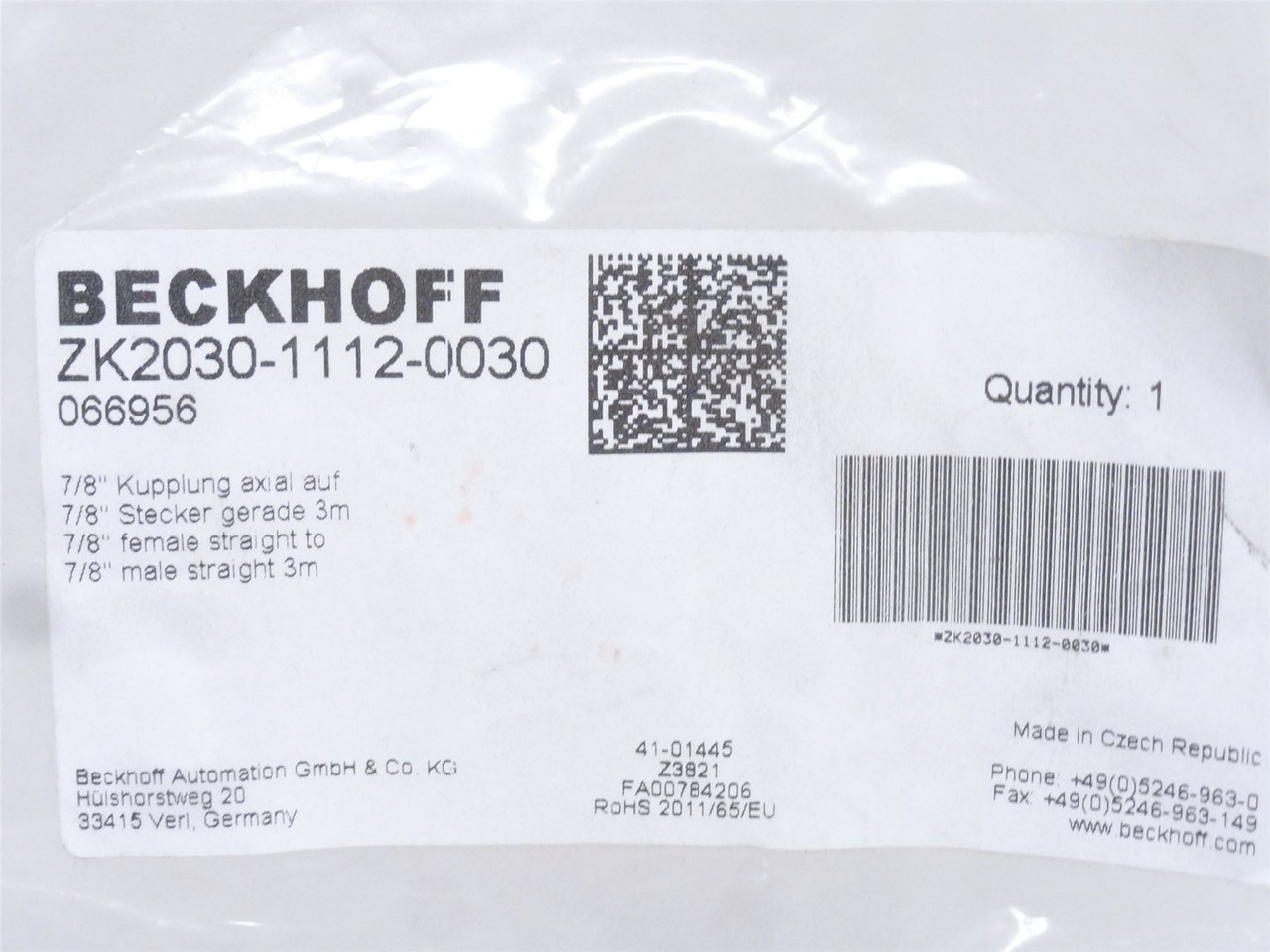 Beckhoff ZK2030-1112-0030; Power Cable 5-Pin; 12A; 300V; 3m L
