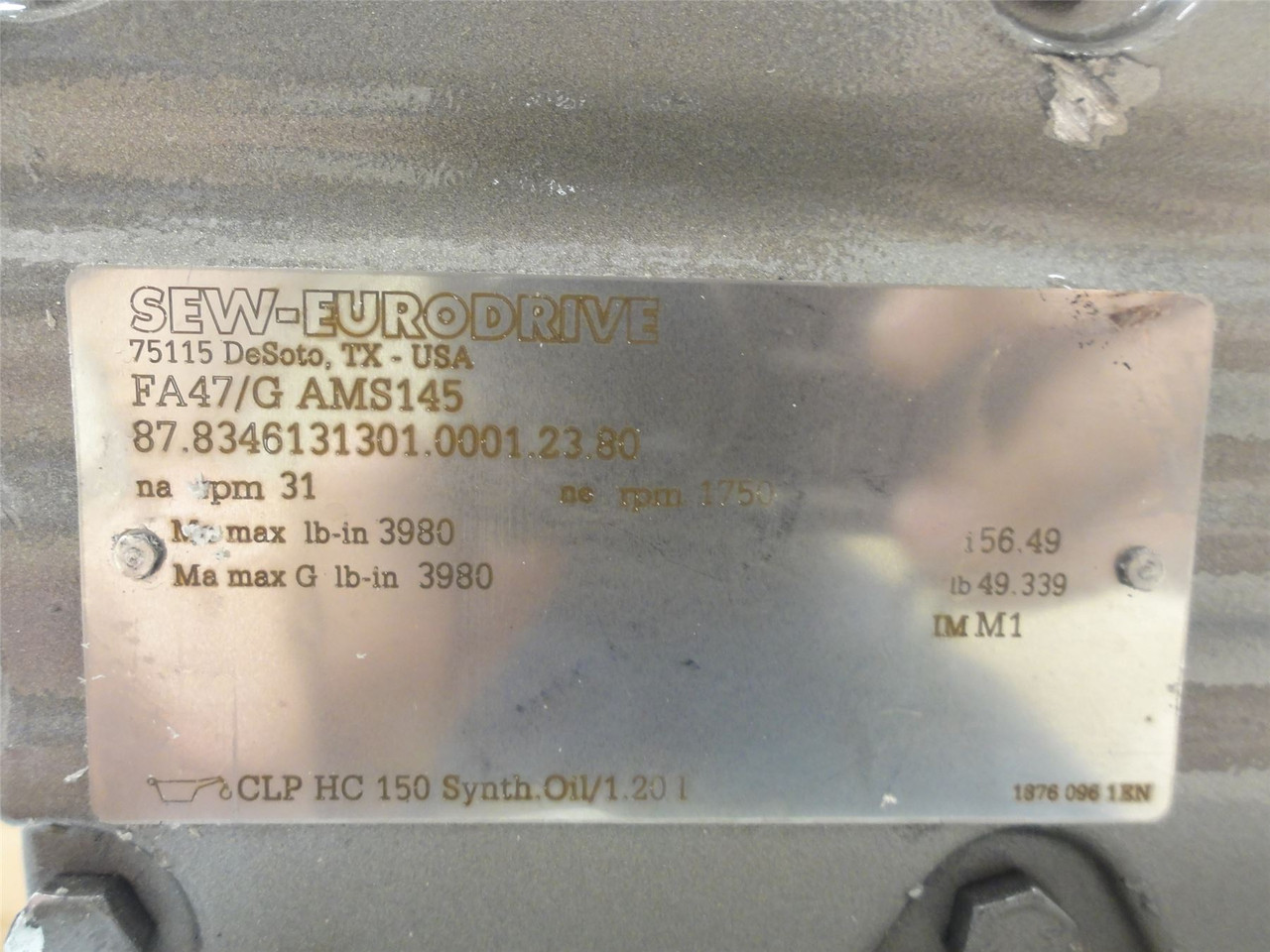 SEW FA47/GAMS145; Gear Speed Reducer; 56.49:1 Ratio