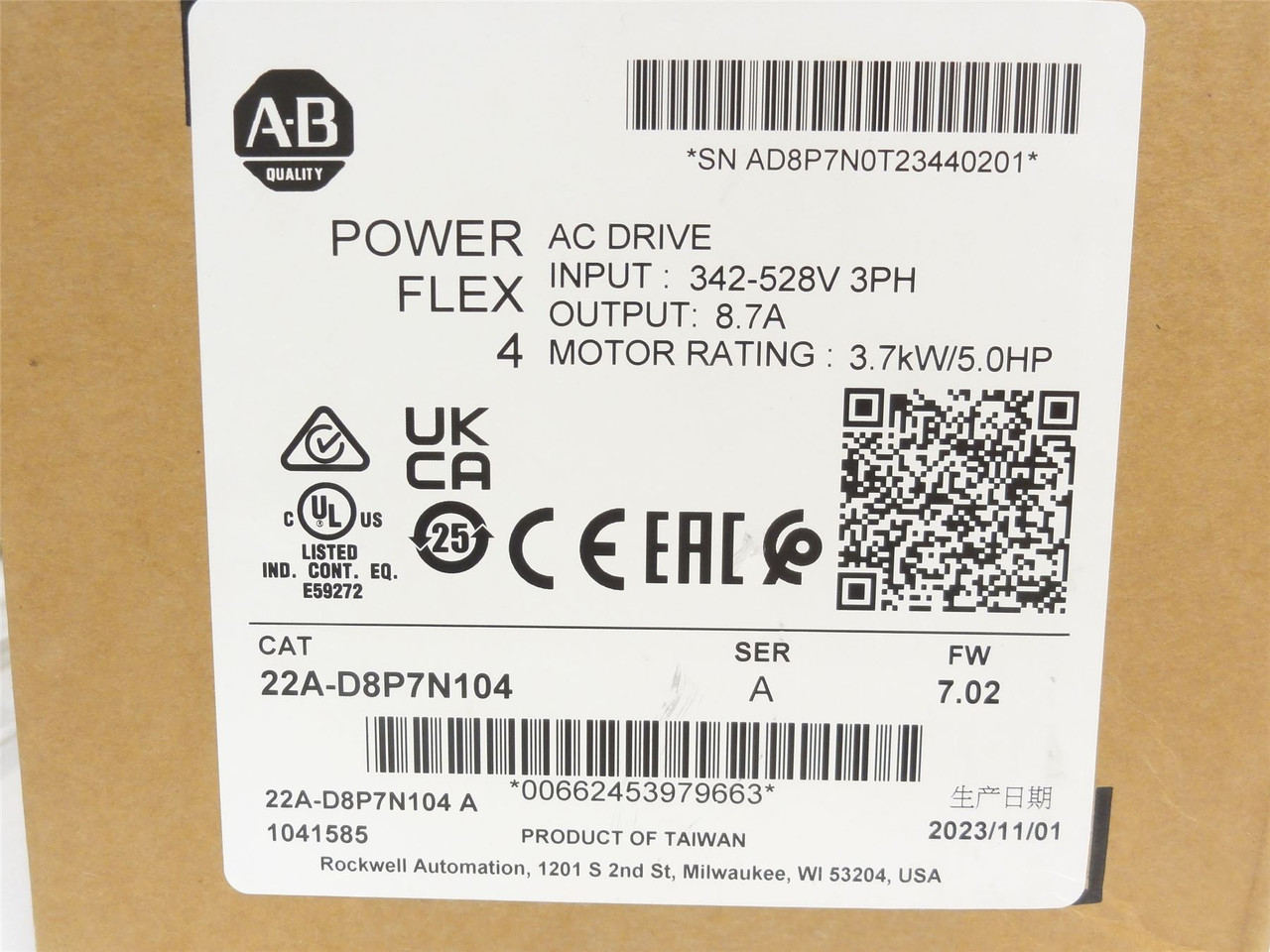 Allen-Bradley 22A-D8P7N104; PowerFlex Drive; 5Hp 480VAC