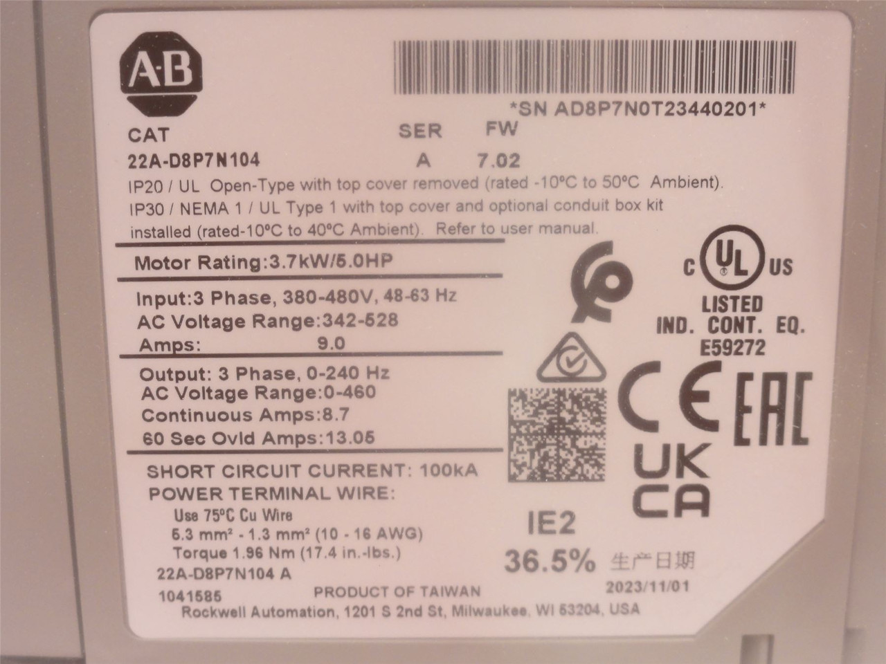 Allen-Bradley 22A-D8P7N104; PowerFlex Drive; 5Hp 480VAC