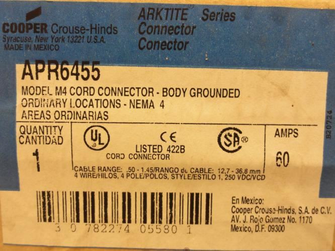 Cooper 1663772; Watertight Pin/Sleeve Connector 60A; 600VAC
