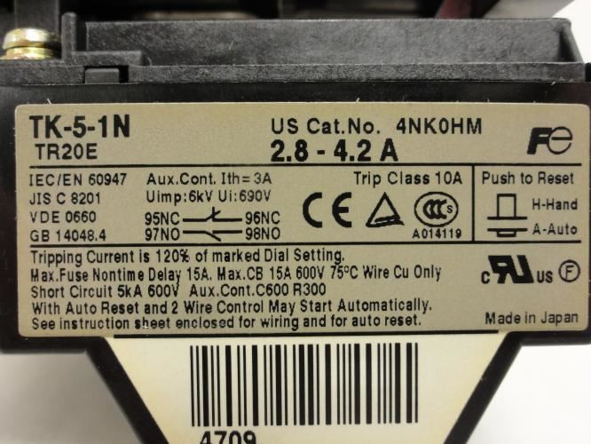 Fuji SW-5-1/2E; Starter 2.8-4.2A 3P 600V Coil: 110-120VAC