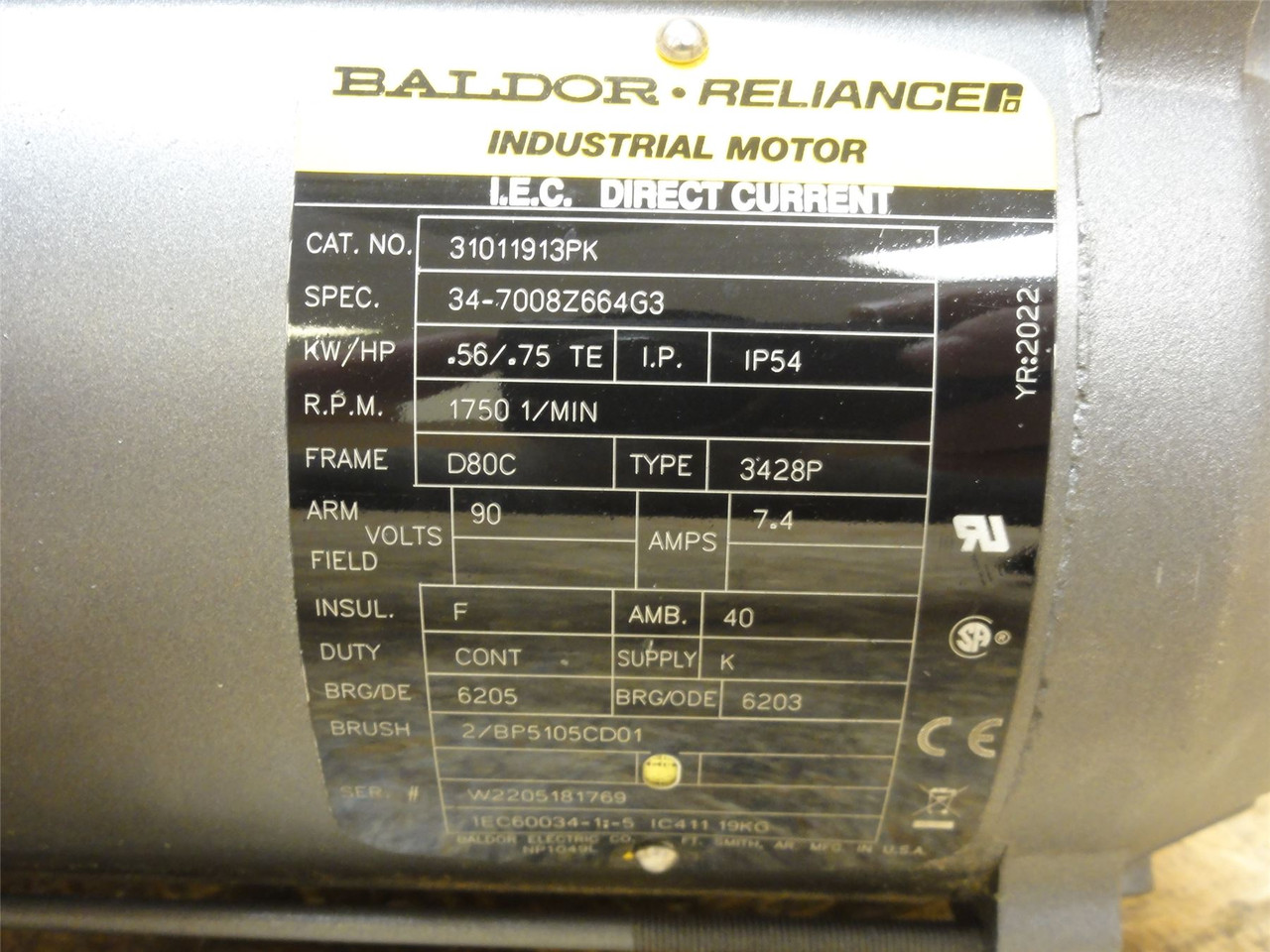 Baldor 31011913PK; DC Motor; 0.56kW; 90V; 1750RPM; 7.4 Amps