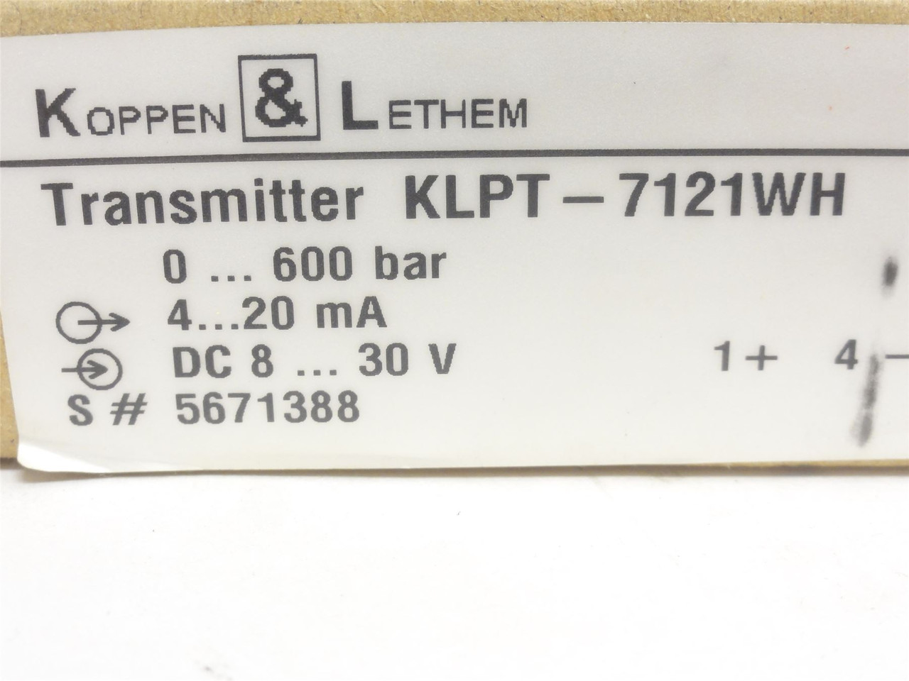 Koppen-Lethem KLPT-7121WH; Pressure Transmitter; SS; 600BAR