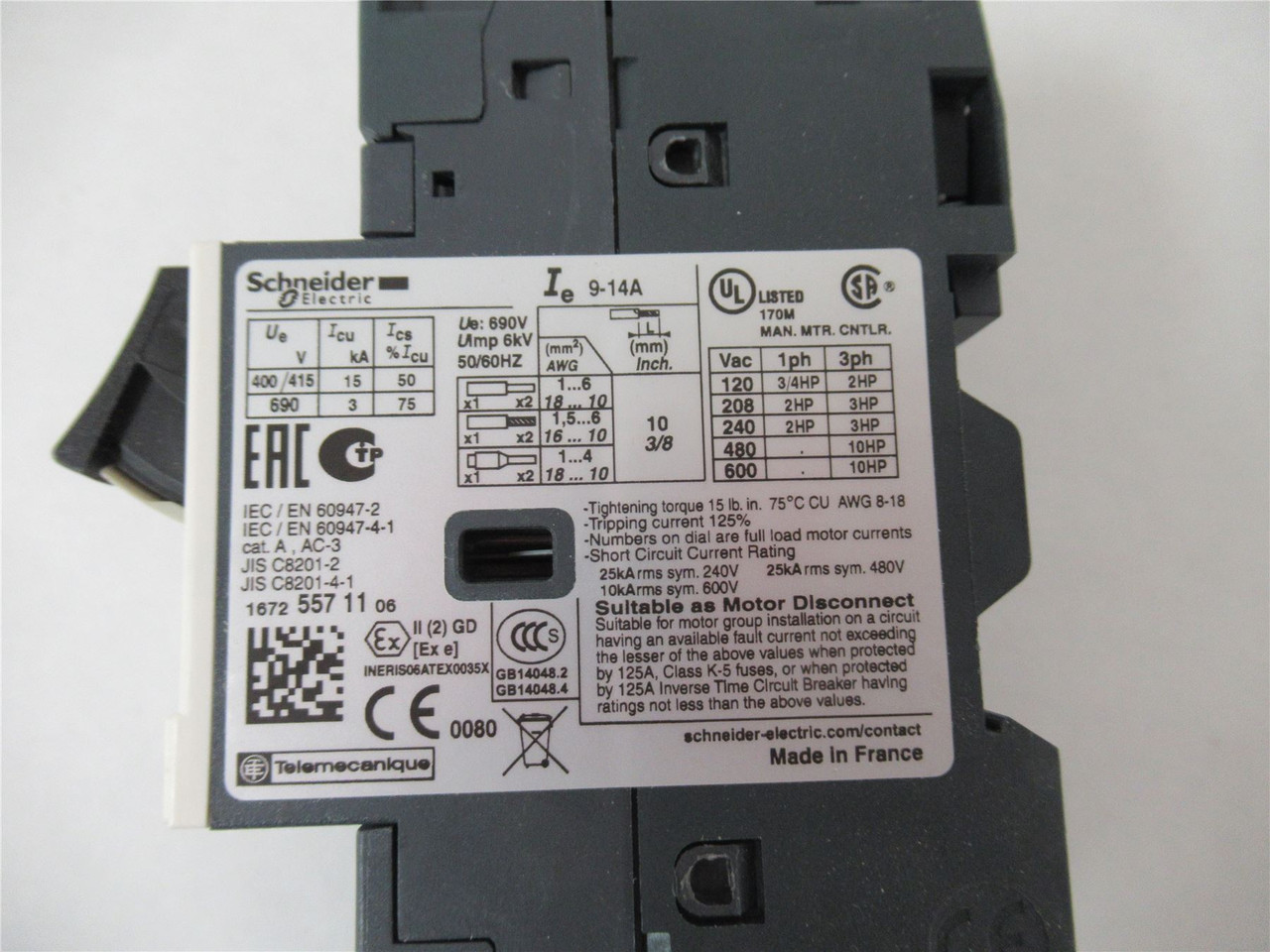 Schneider GV2ME163; Manual Starter TeSys GV2 3P 9-14A