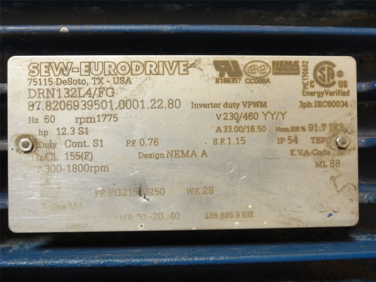 SEW DRN132L4/FG; Motor; 12.3HP; 230/460VAC; 1775RPM; 3PH; 60HZ