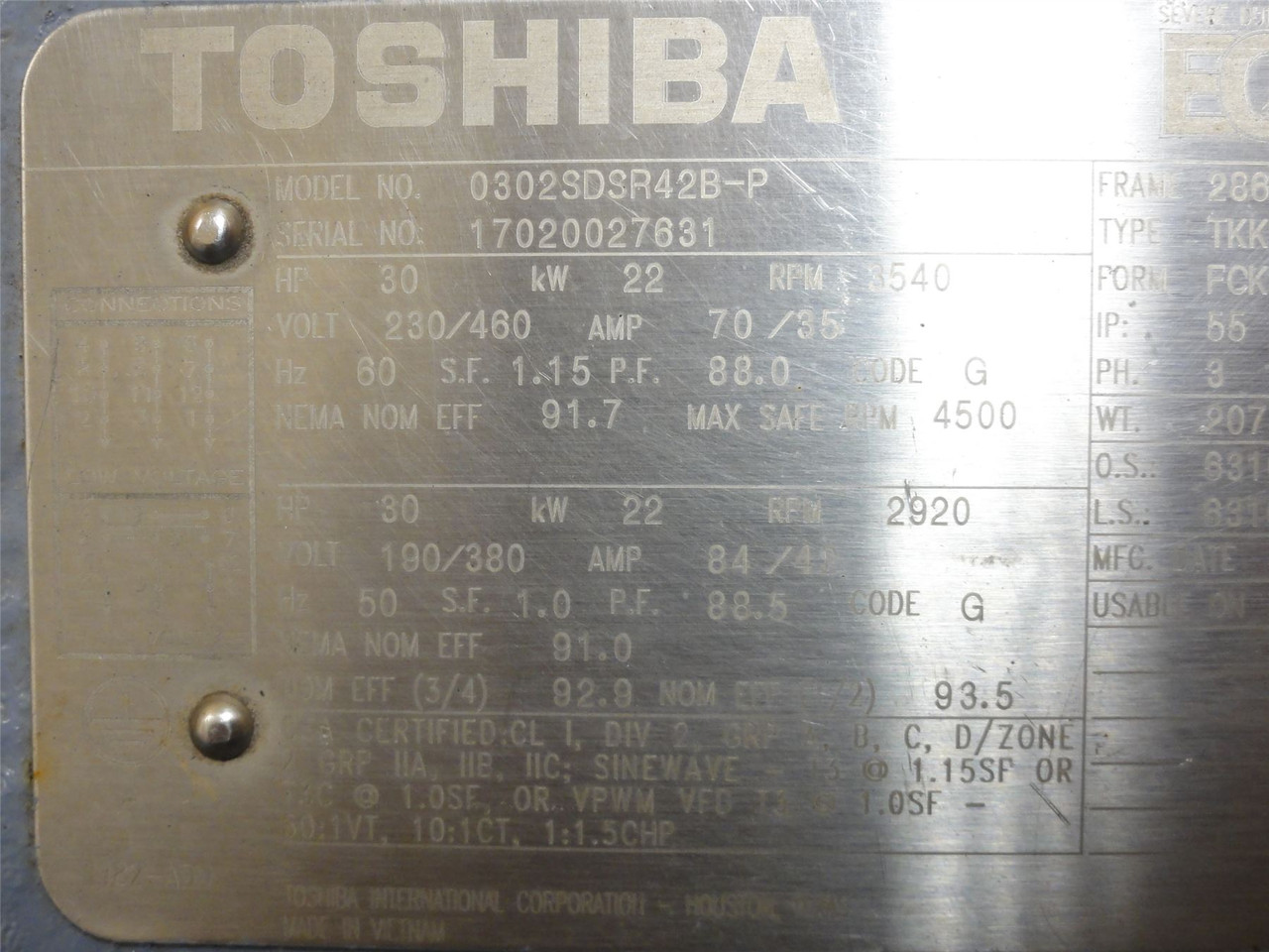 Toshiba 0302SDSR42B-P; Motor; 30HP; 230/460VAC; 3600RPM