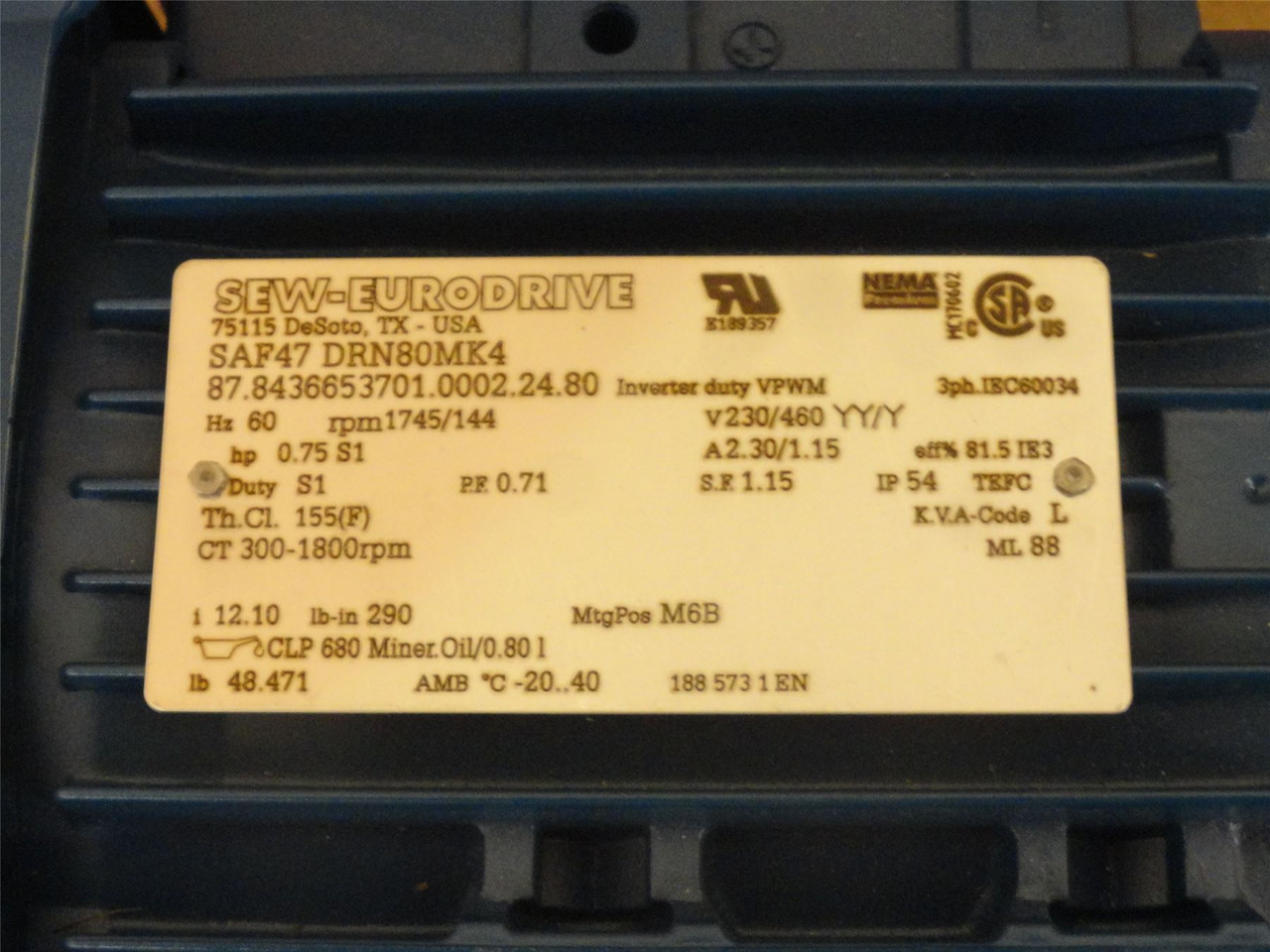 SEW SAF47DRN80MK4 ; AC Gearmotor; 12:1 Ratio; 3/4HP; 230/460V