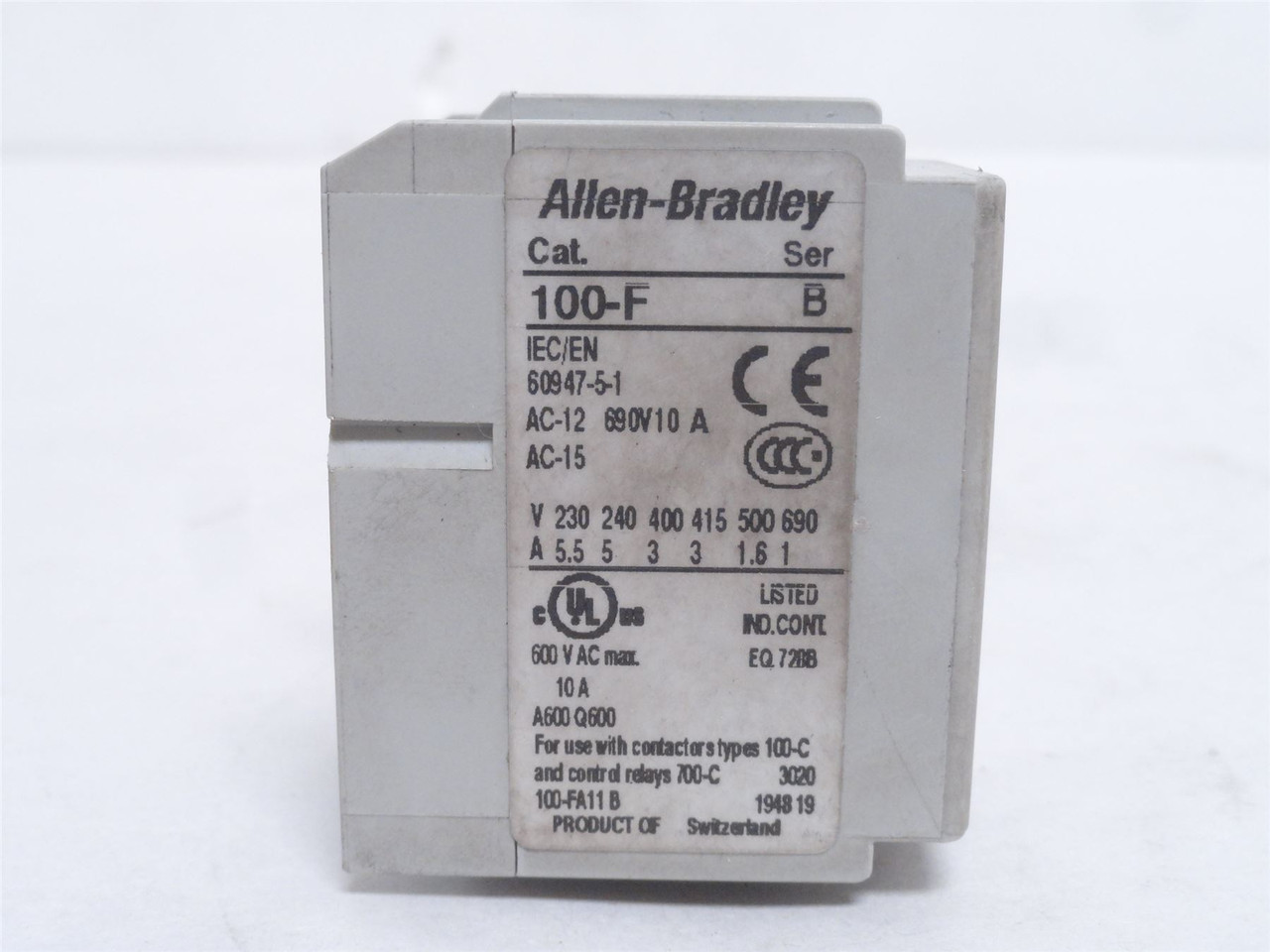 Allen-Bradley 100-FA11; Auxiliary Contact Block; 1-NO/1-NC