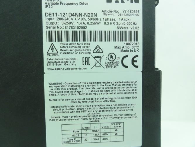Eaton DE11-121D4NN-N20N; Frequency Drive; 230VAC; 1.4 A; 0.33 HP