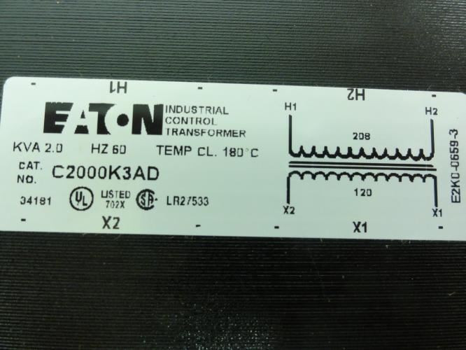 Eaton C2000K3AD; Transformer 2000VA Pri: 208/277V to Sec:120V