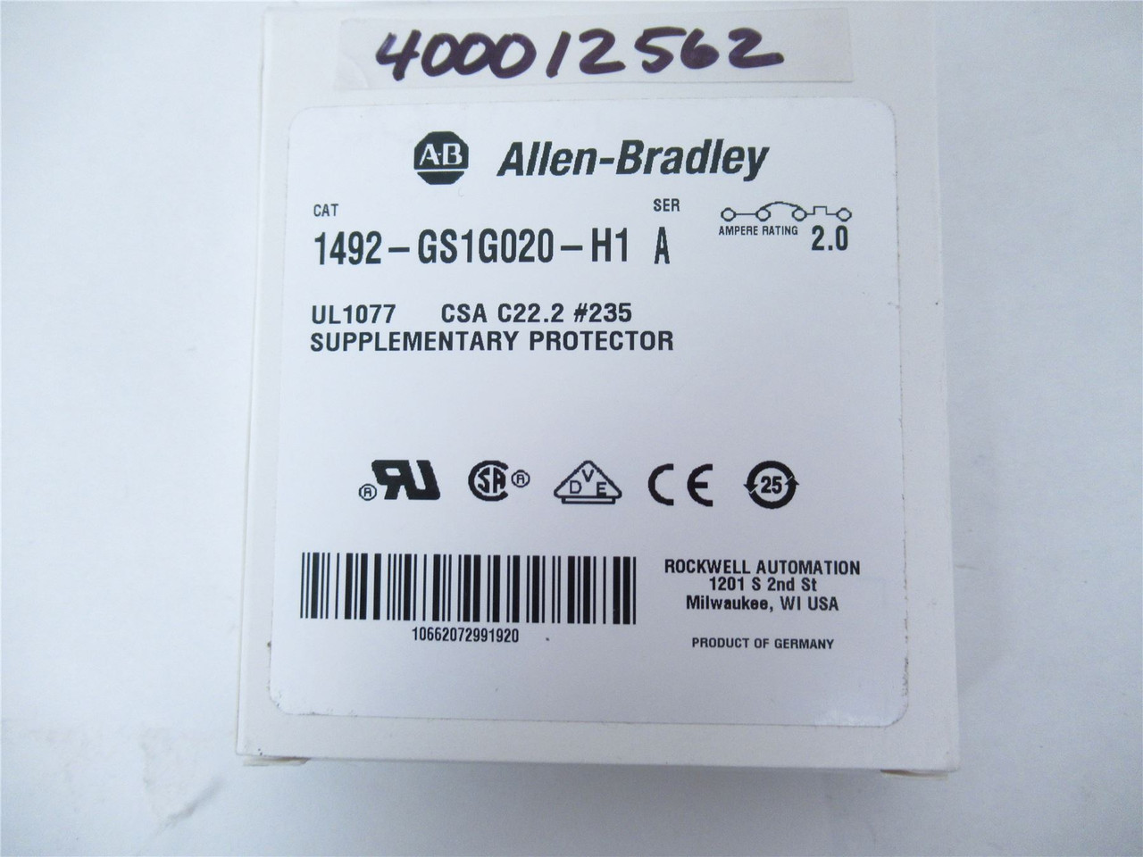Allen-Bradley 1492-GS1G020-H1; Breaker 2A 1P 277VAC 1NO Aux