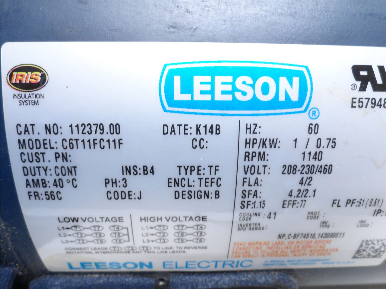 Leeson C6T11FC11F; AC Motor 112379.00; 1HP; 230/460V; 1140RPM; 3PH