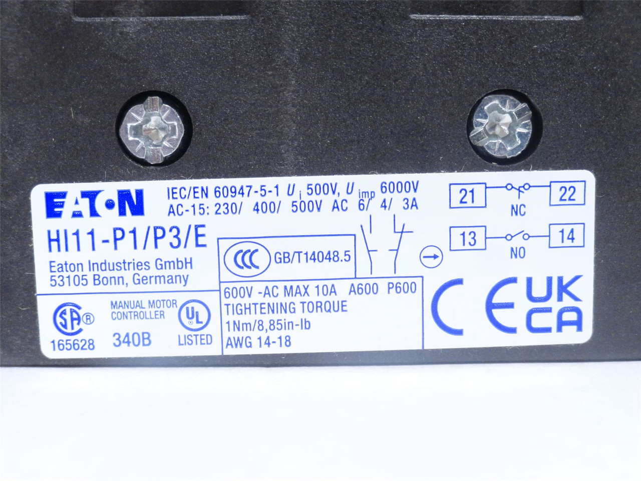Eaton HI11-P1/P3/E; Aux Contact; 1-NO; 1-NC; 10A; 600VAC