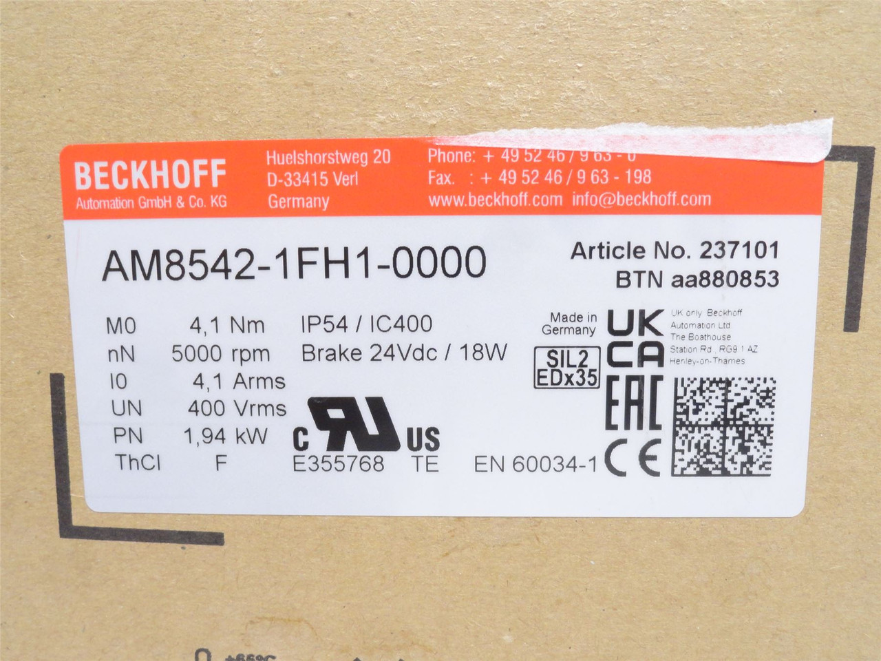 Beckhoff AM8542-1FH1-0000; Servomotor; 24VDC;18W; 5000RPM