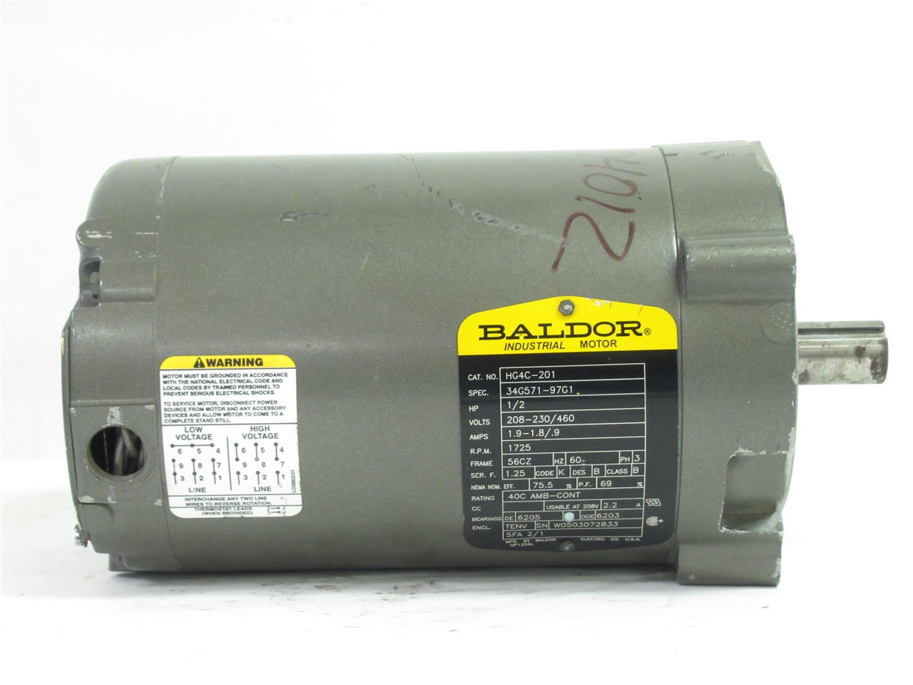 Baldor HG4C-97G1; AC Motor; 1/2HP; 208-230/460V; 1725RPM; 3Ph
