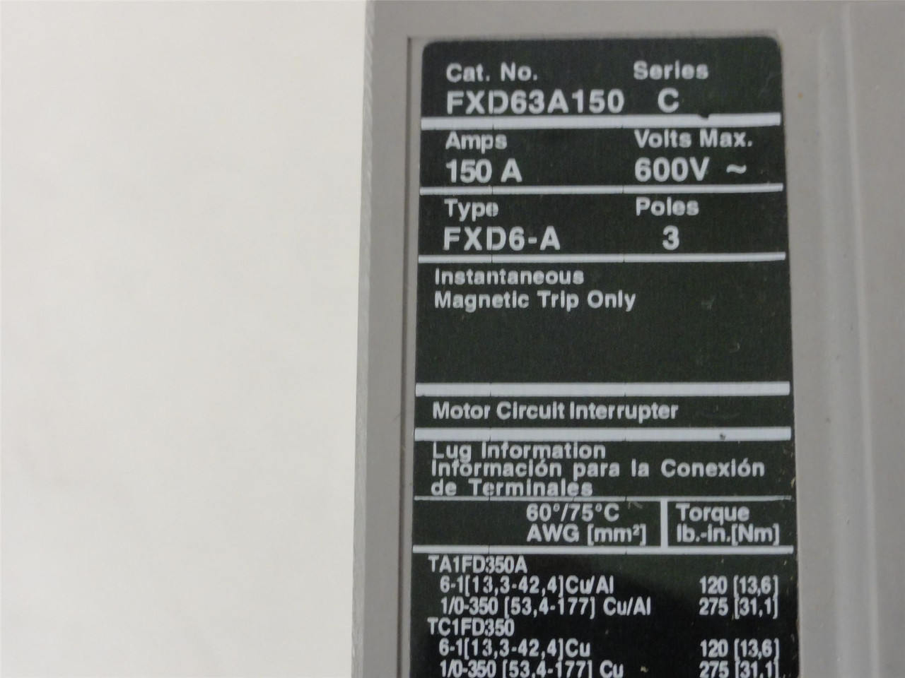 Siemens FXD63A150; Circuit Breaker 150A 3Pole 600V