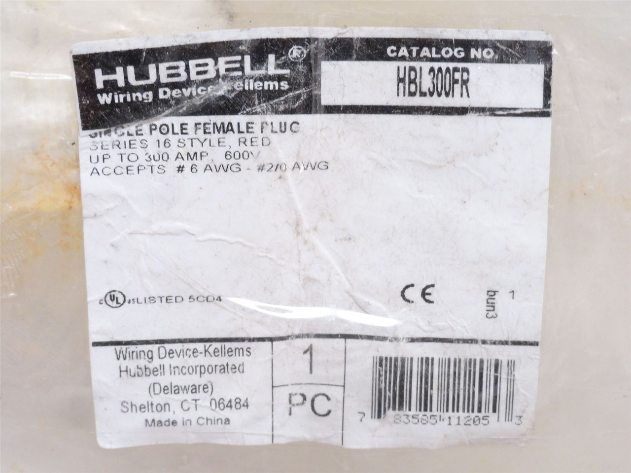 Hubbell HBL300FR; Red Female Connector; 300A; 600VAC/250VDC