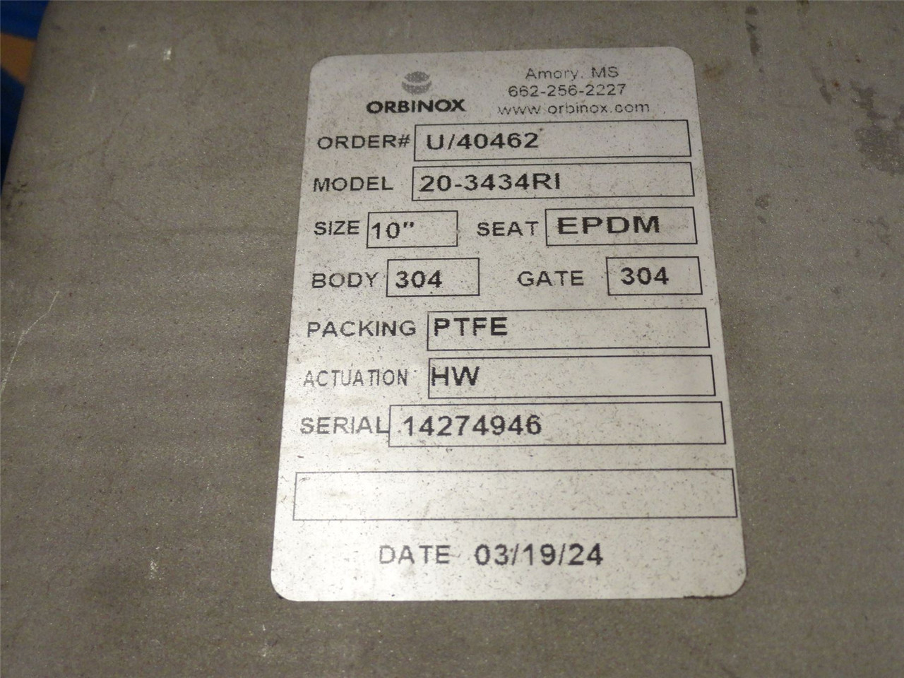 Orbinox 20-3434RI; Manual Knife Gate Valve; SS; Size: 10"