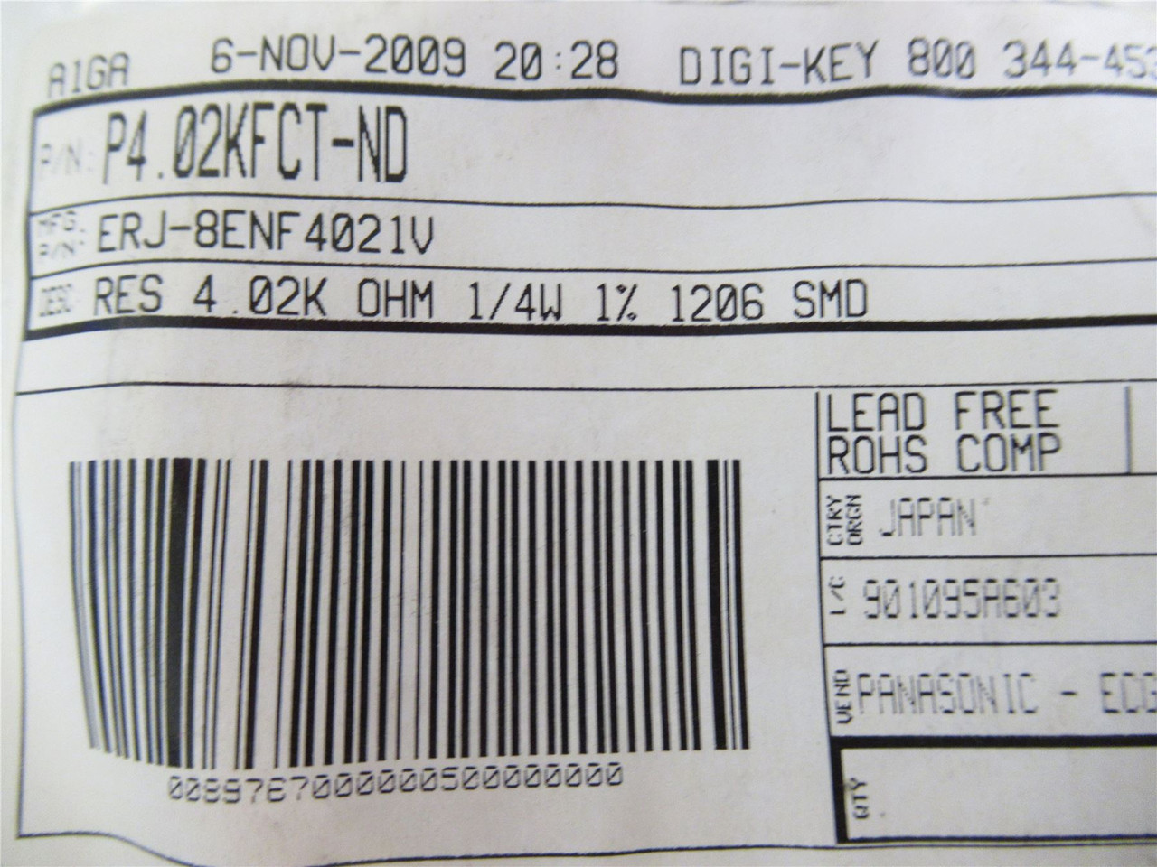 Panasonic ERJ-8ENF4021V; Lot-500 Chip Resistor; 4.02Kohm