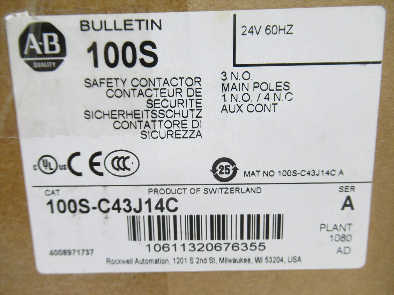 Allen-Bradley 100S-C43J14C; Safety Contactor 75A Coil: 24VAC