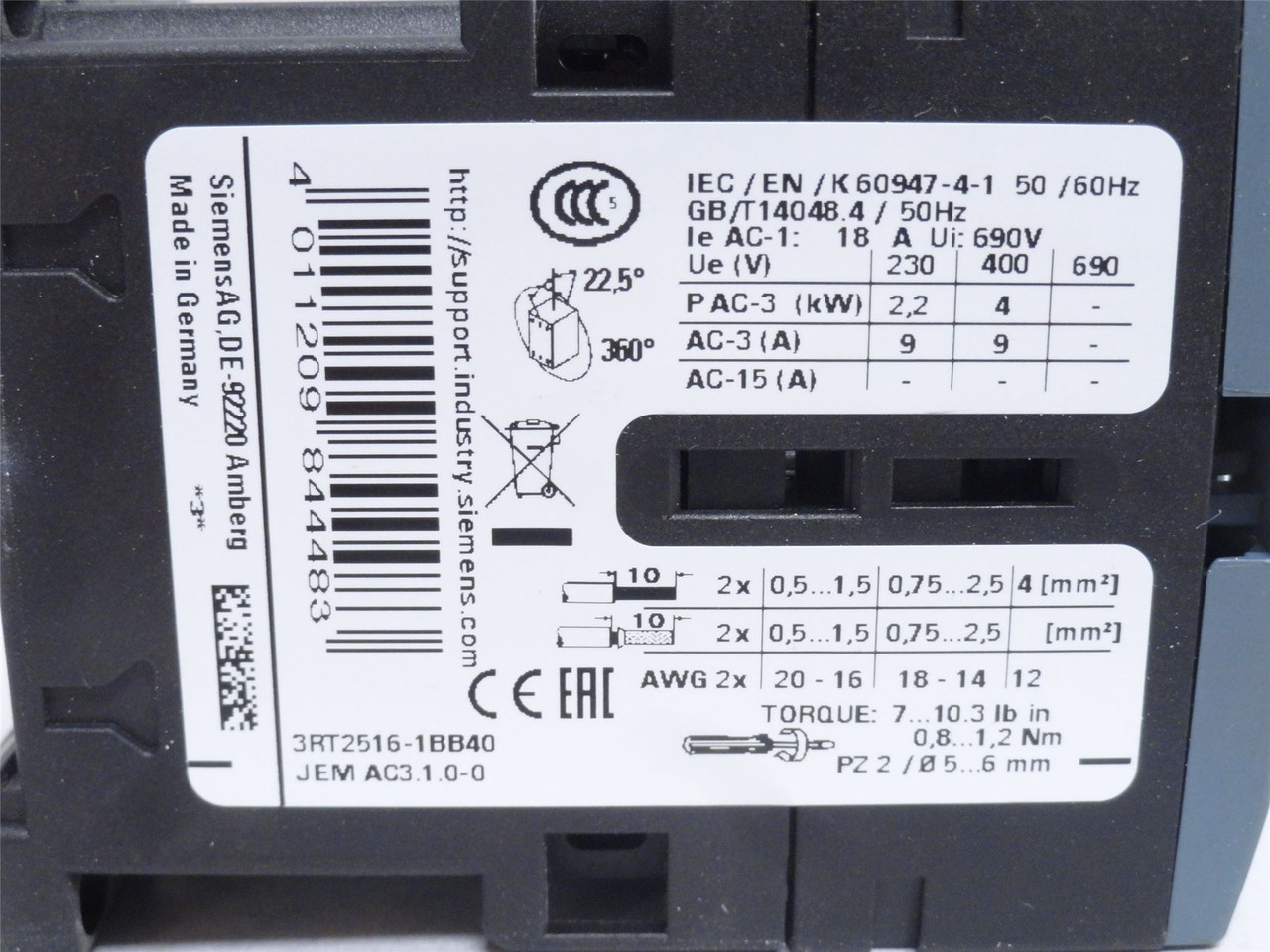 Siemens 3RT2516-1BB40; Contactor; 9A 575VAC 4P Coil: 24VDC