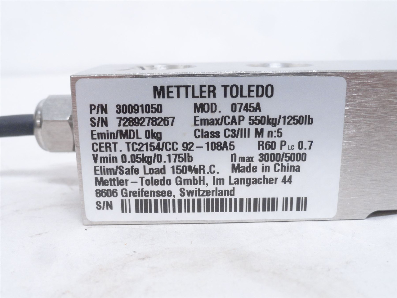 Mettler-Toledo 30091050; Load Cell 0745A Emax/CAP550kg/1250lb
