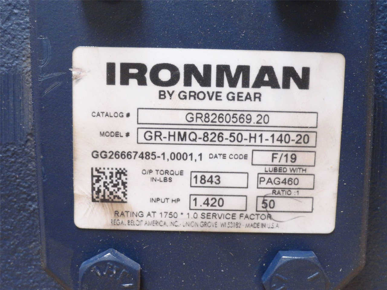 Grove Gear GR-HMQ-826-50-H1-140-20; Gear Reducer; 50:1 Ratio