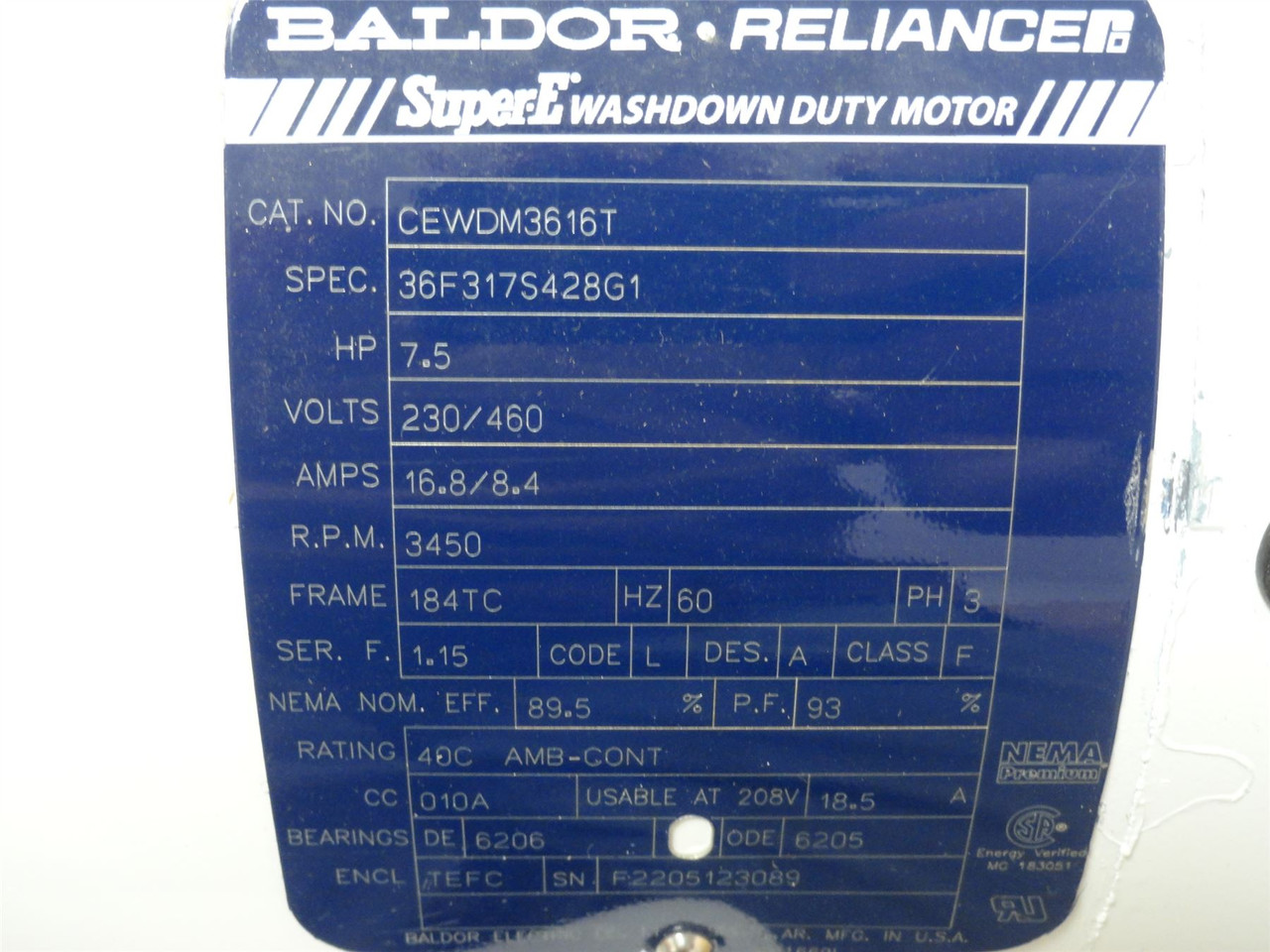 Baldor CEWDM3616T; AC Motor 7-1/2HP 230/460V 3600RPM 3PH