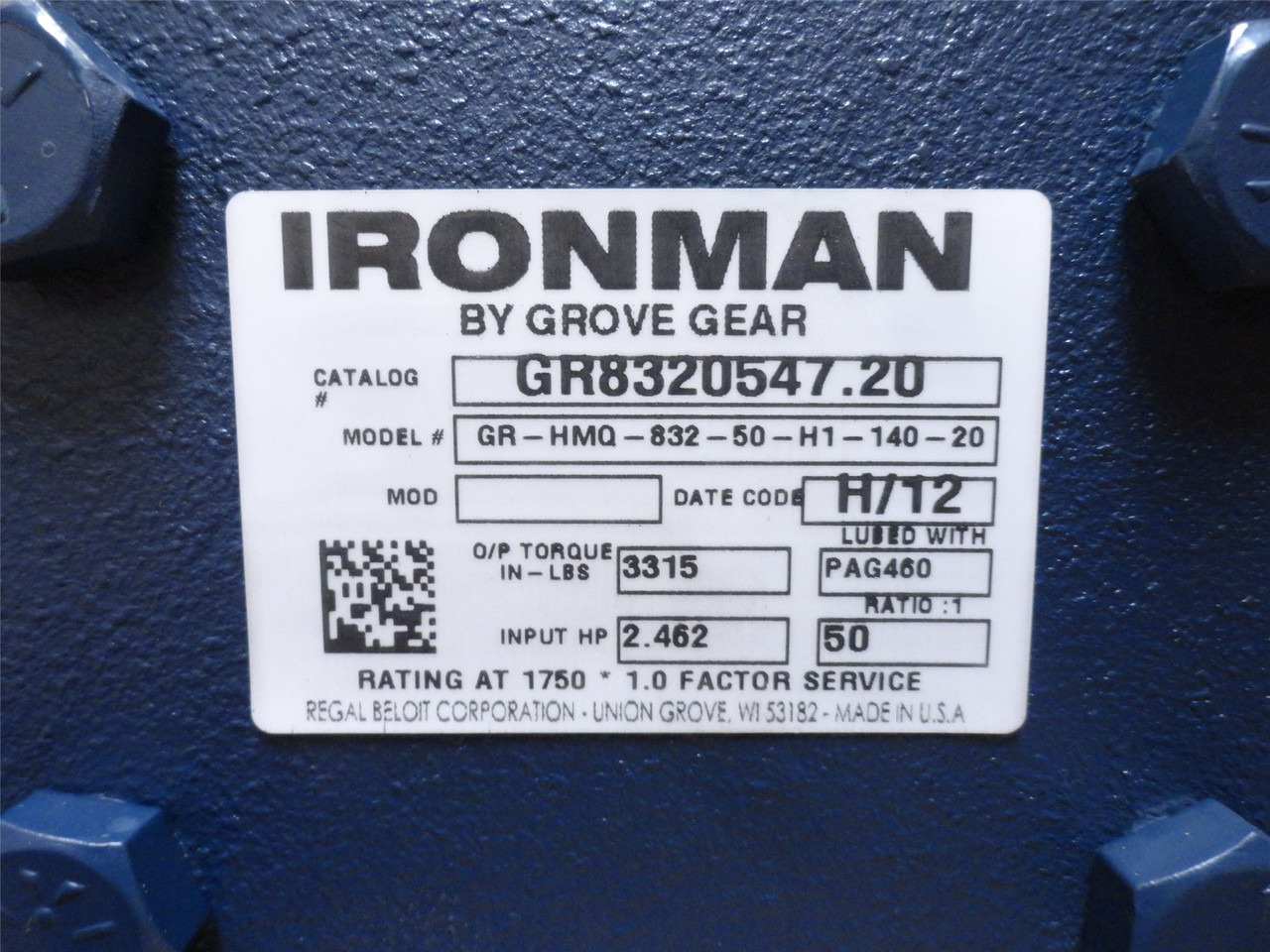 Grove Gear GR8320547.20; Gear Speed Reducer 50:1 Ratio; 2.46HP