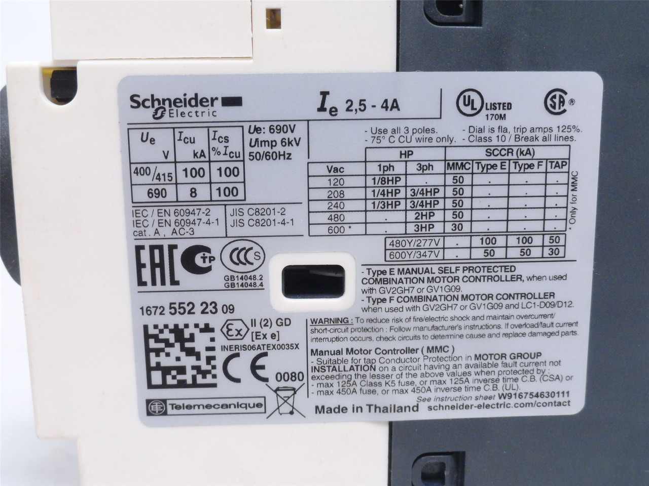 Schneider GV2P08; Motor Starter Protector; 2.5-4A; 3P; 600VAC