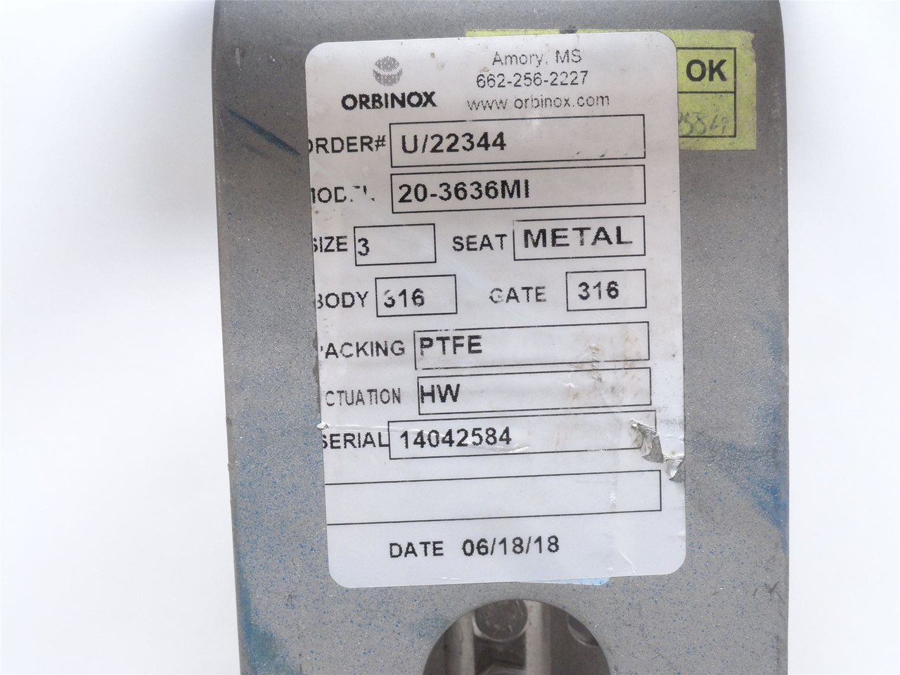 Orbinox 20-3636MI-3; Knife Gate Valve; SS-316; Size: 3"