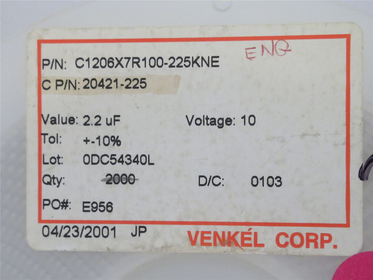 Venkel C1206X7R100-225KNE; Lot-1600 Chip Capacitor 2.2uF; 10V