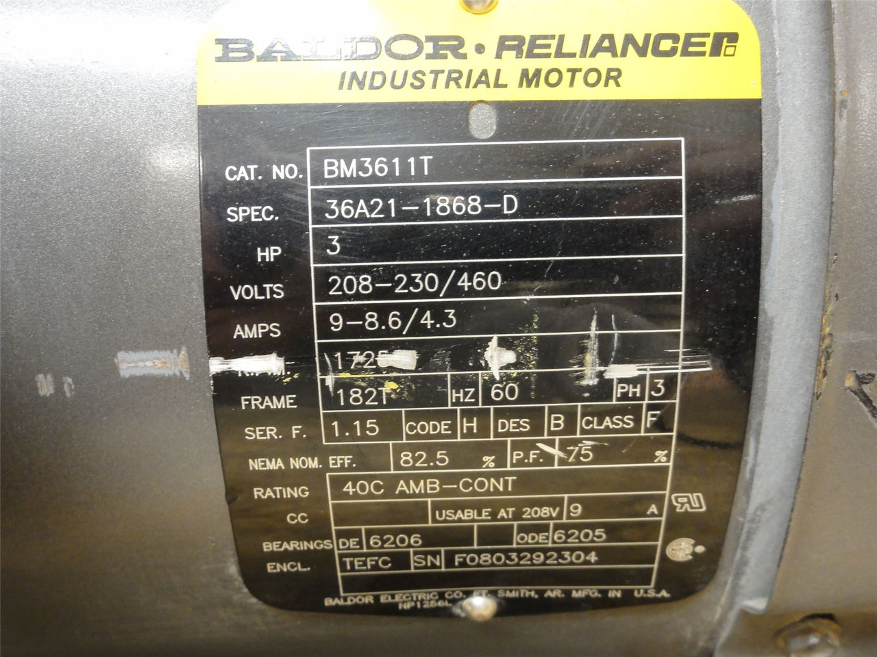 Baldor BM3611T; Brake Motor; 3HP; 208-230/460VAC; 1725RPM