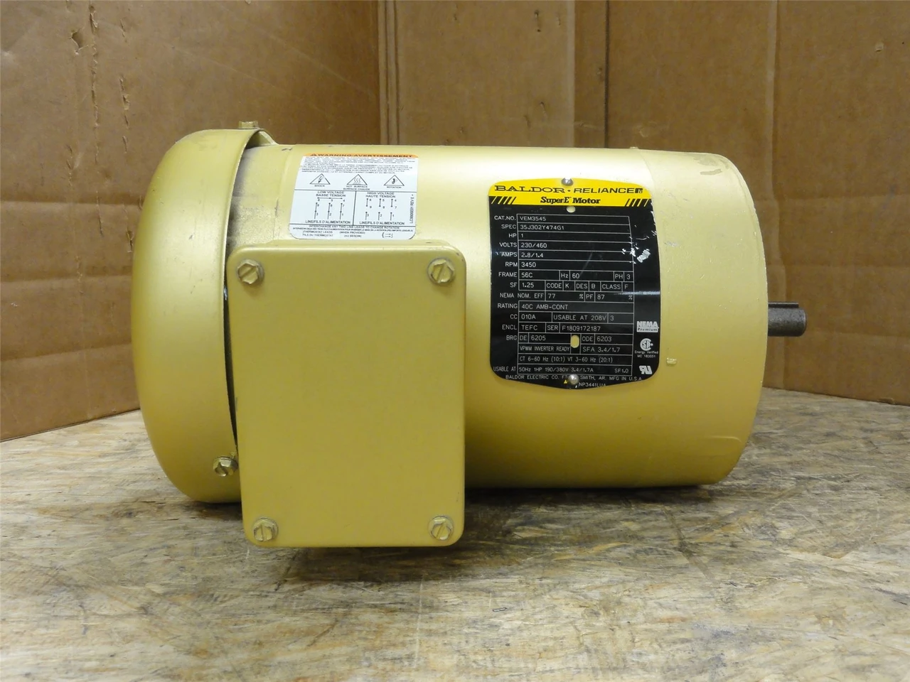 Baldor VEM3545; Motor; 1HP; 230/460VAC; 3450RPM; 3PH; 60HZ