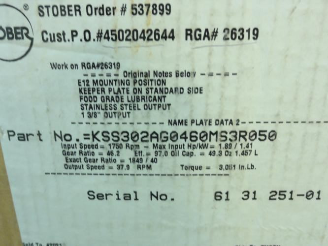 Stober KSS302AG0460MS3R050; Gearbox; 46.2:1 Ratio; 1.89HP